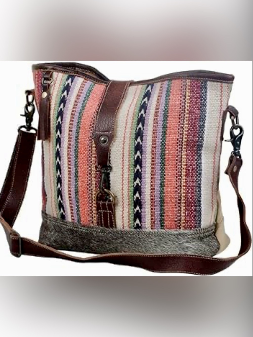 Myra Bag Multicolor Striped Crossbody with Brown Leather & Fur Trim